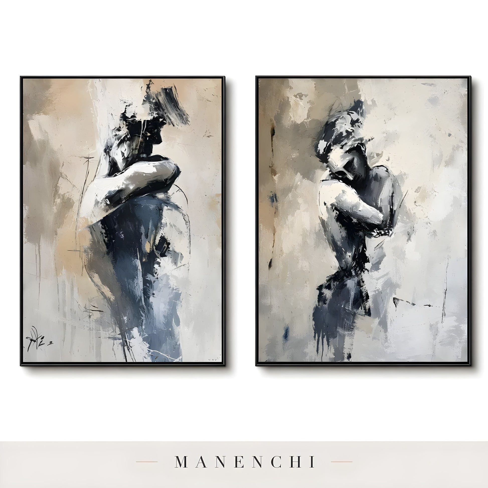 Obsidian Silhouette Diptych abstract painting displayed in side by side framed paintings