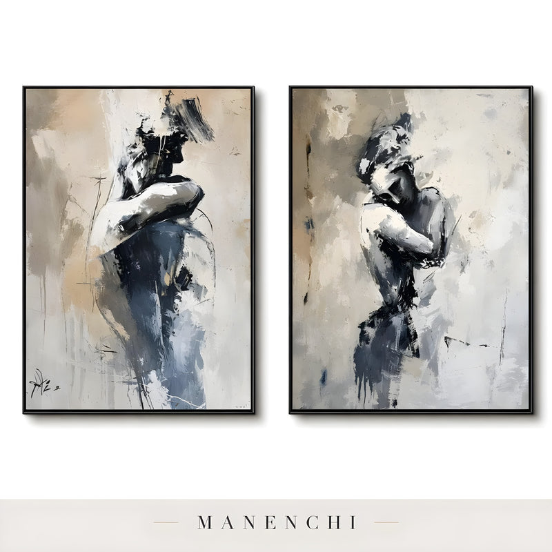 Obsidian Silhouette Diptych abstract painting displayed in side by side framed paintings