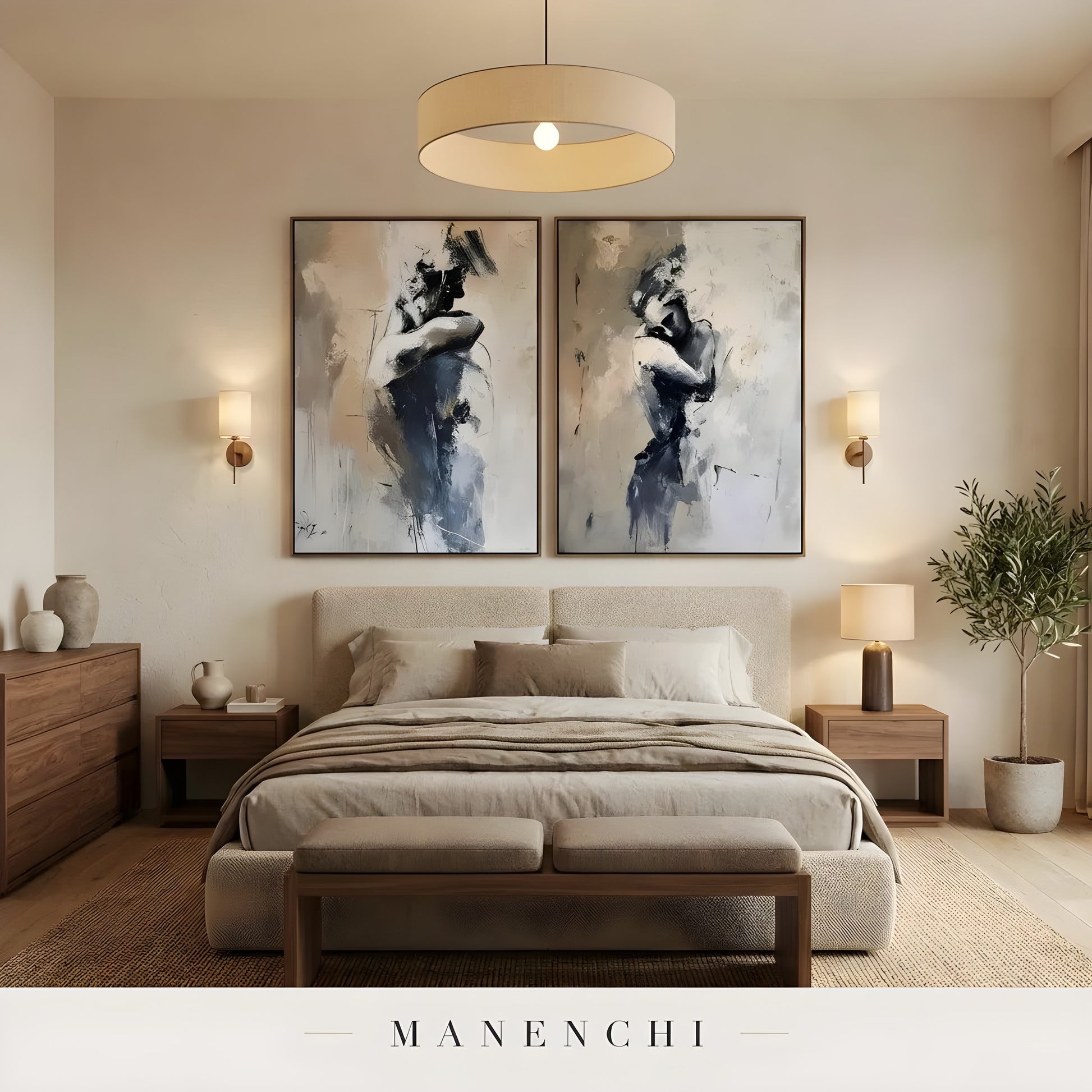 Obsidian Silhouette Diptych - original hand-painted abstract painting by Manenchi