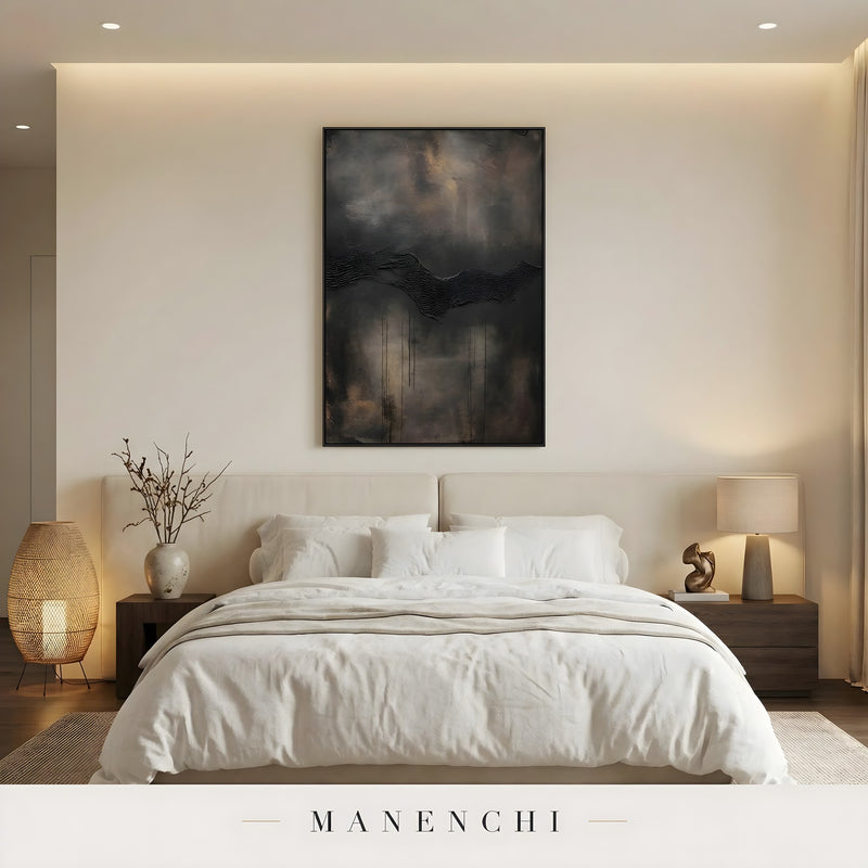 Obsidian Umber Depth abstract painting displayed in bedroom