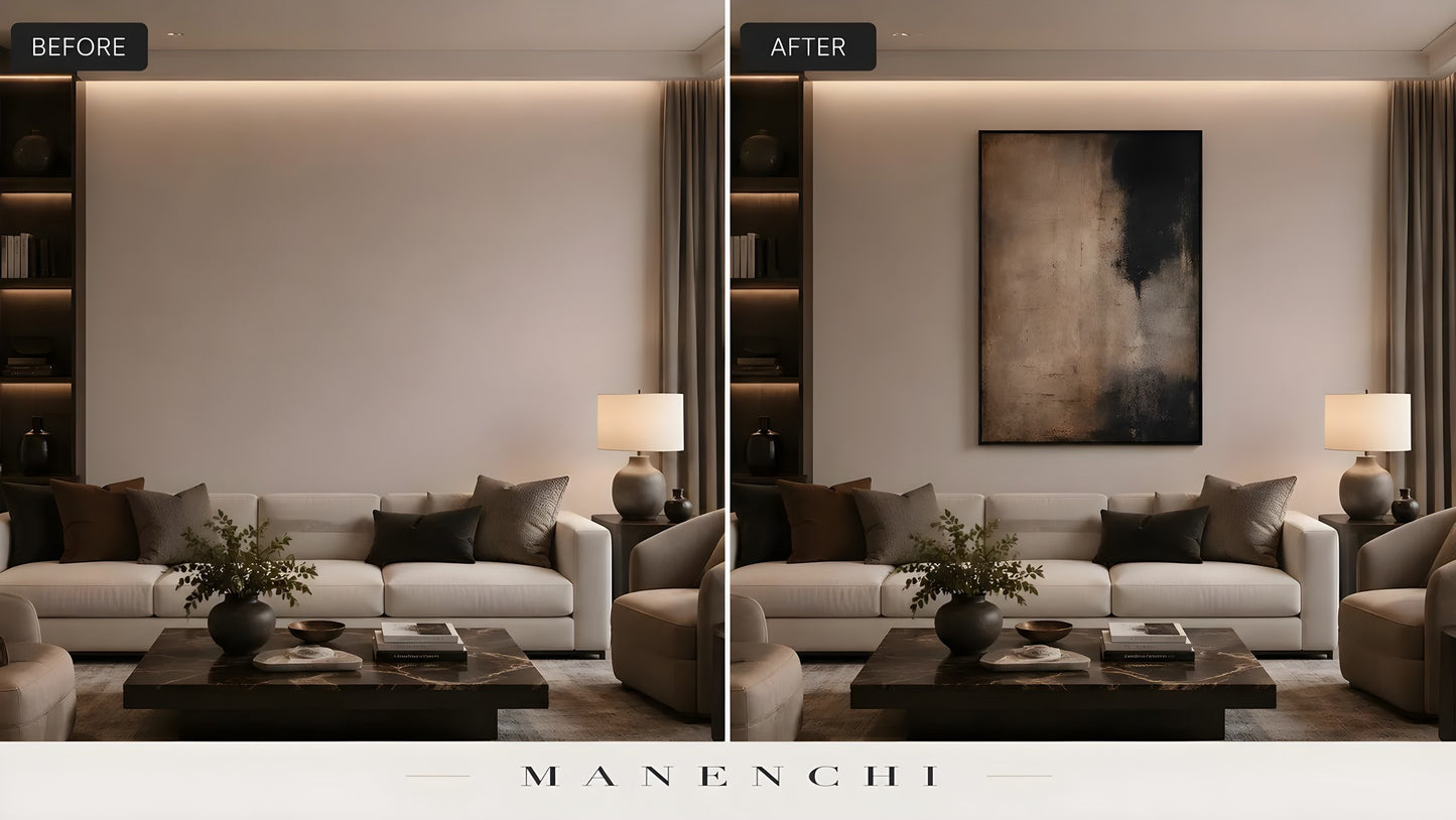 Obsidian Umber Depth original hand-painted abstract painting, before and after in a styled room