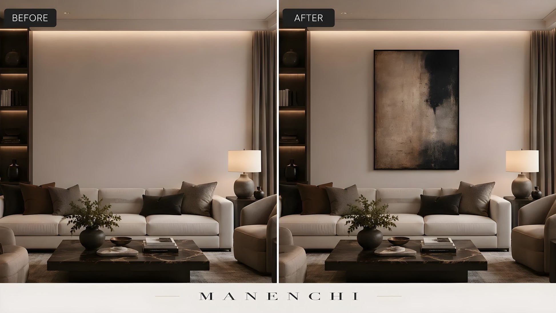Obsidian Umber Depth original hand-painted abstract painting, before and after in a styled room
