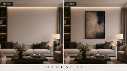 Obsidian Umber Depth original hand-painted abstract painting, before and after in a styled room