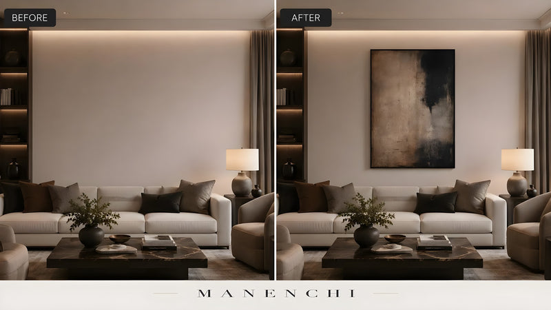 Obsidian Umber Depth original hand-painted abstract painting, before and after in a styled room