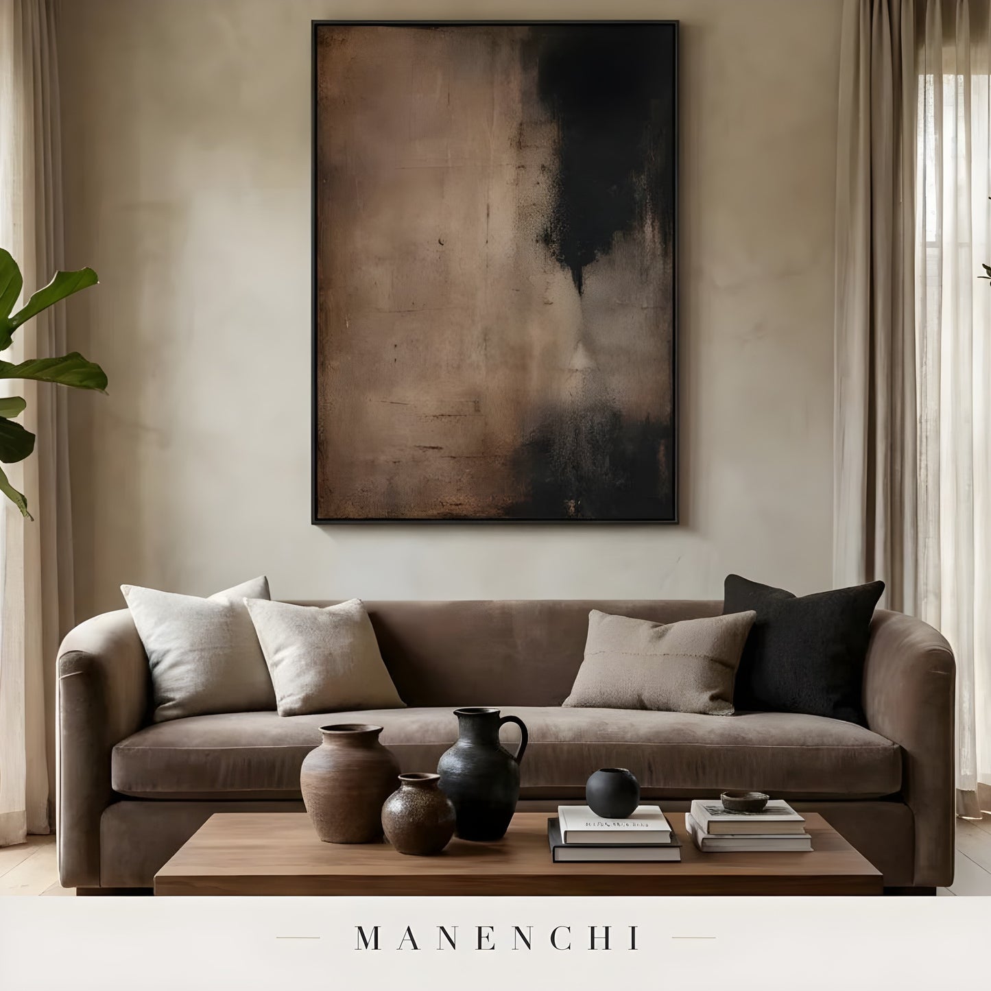 Obsidian Umber Depth abstract painting displayed in living room