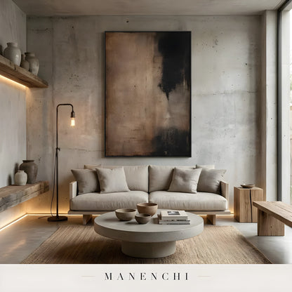 Obsidian Umber Depth abstract painting displayed in modern living room