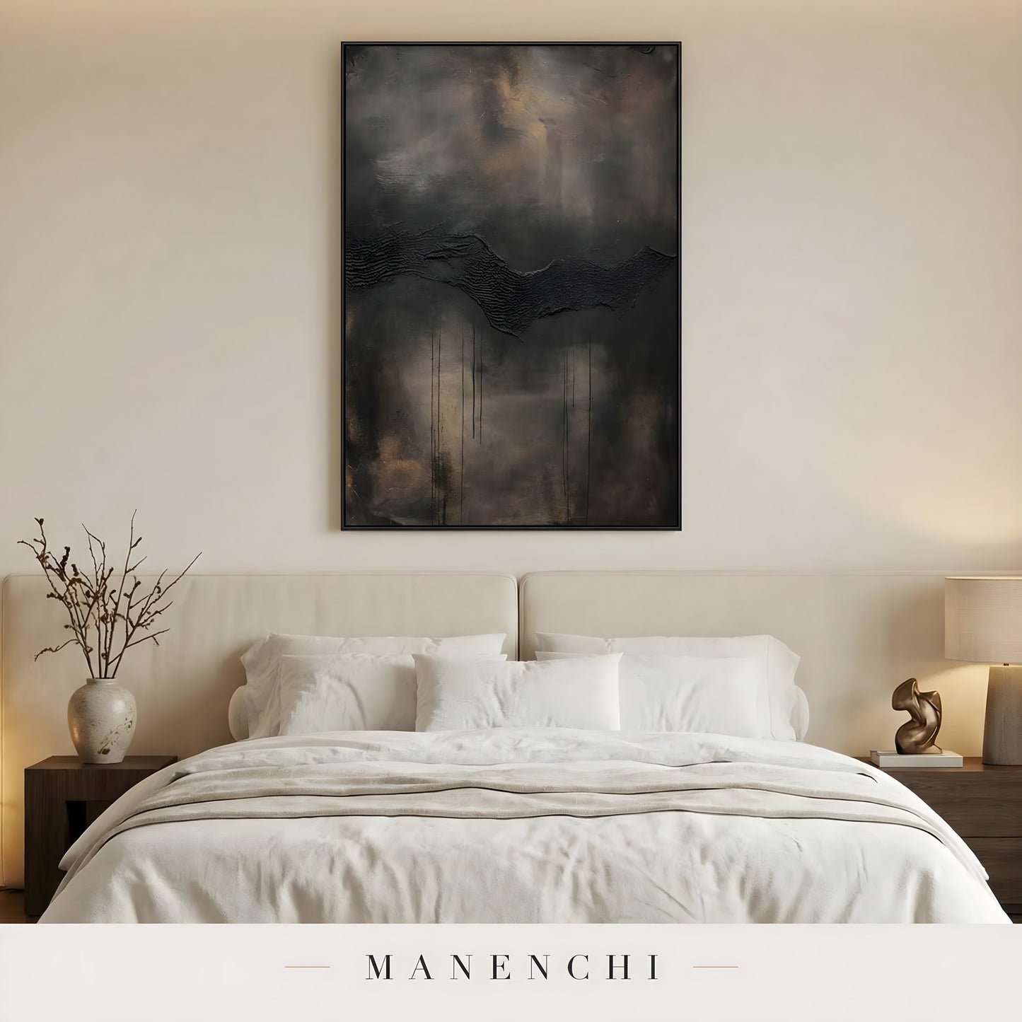 Obsidian Umber Horizon abstract painting displayed in bedroom above bed decor