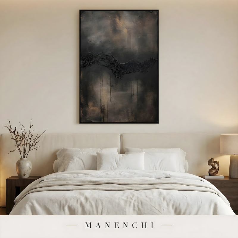 Obsidian Umber Horizon abstract painting displayed in bedroom above bed decor