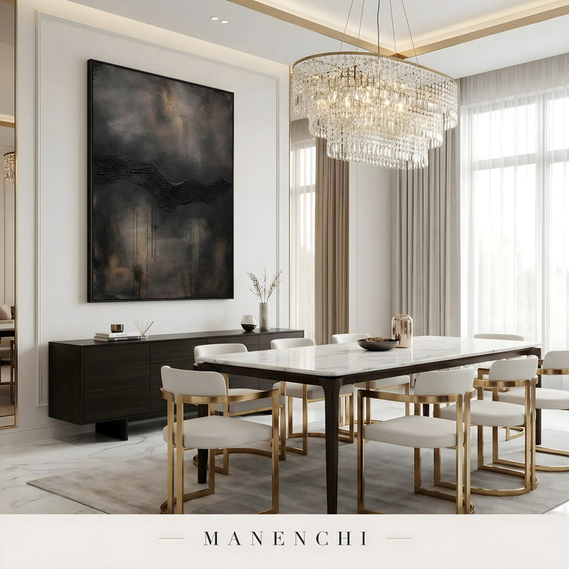Obsidian Umber Horizon abstract painting displayed in dining room interior design
