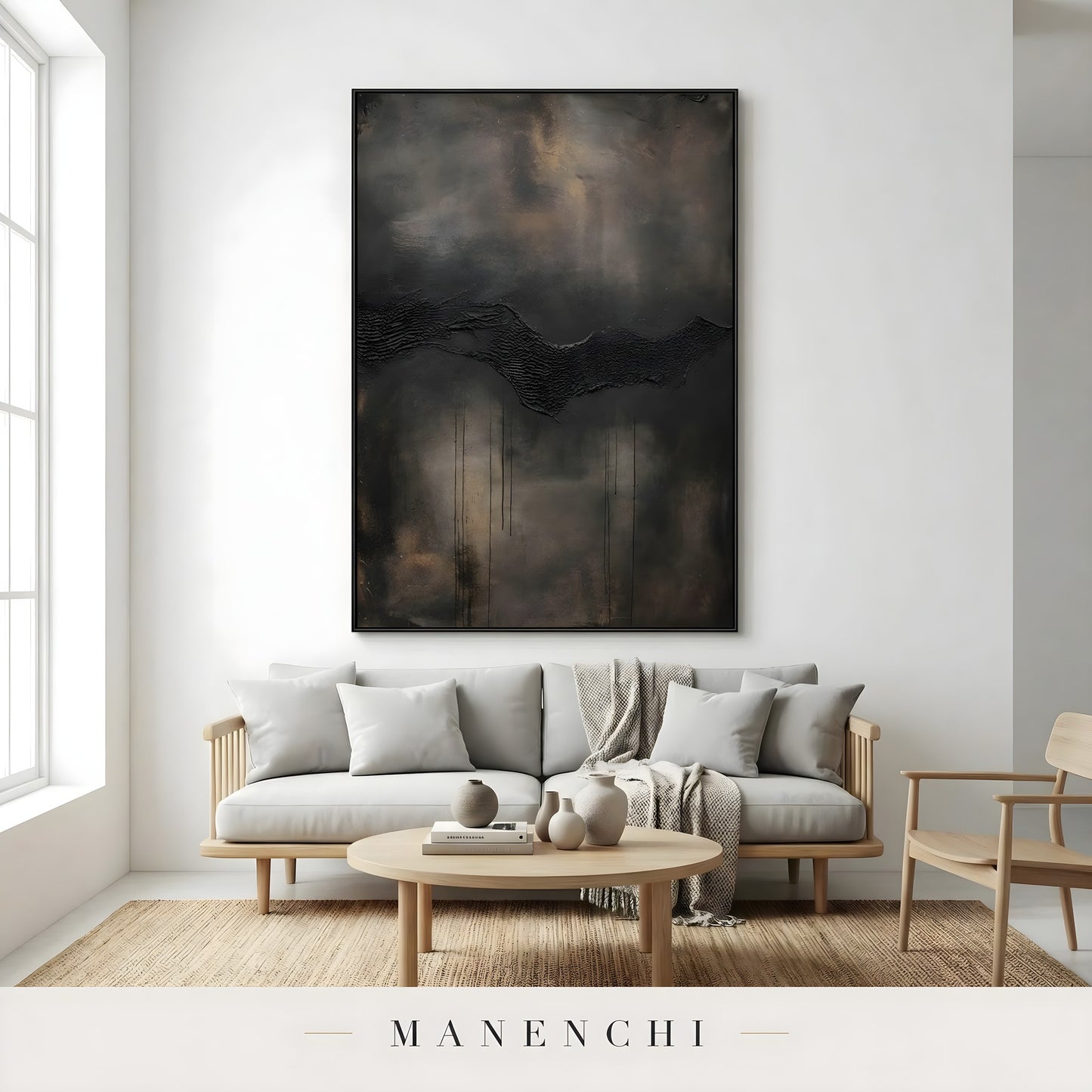 Obsidian Umber Horizon abstract painting displayed in living room sofa display