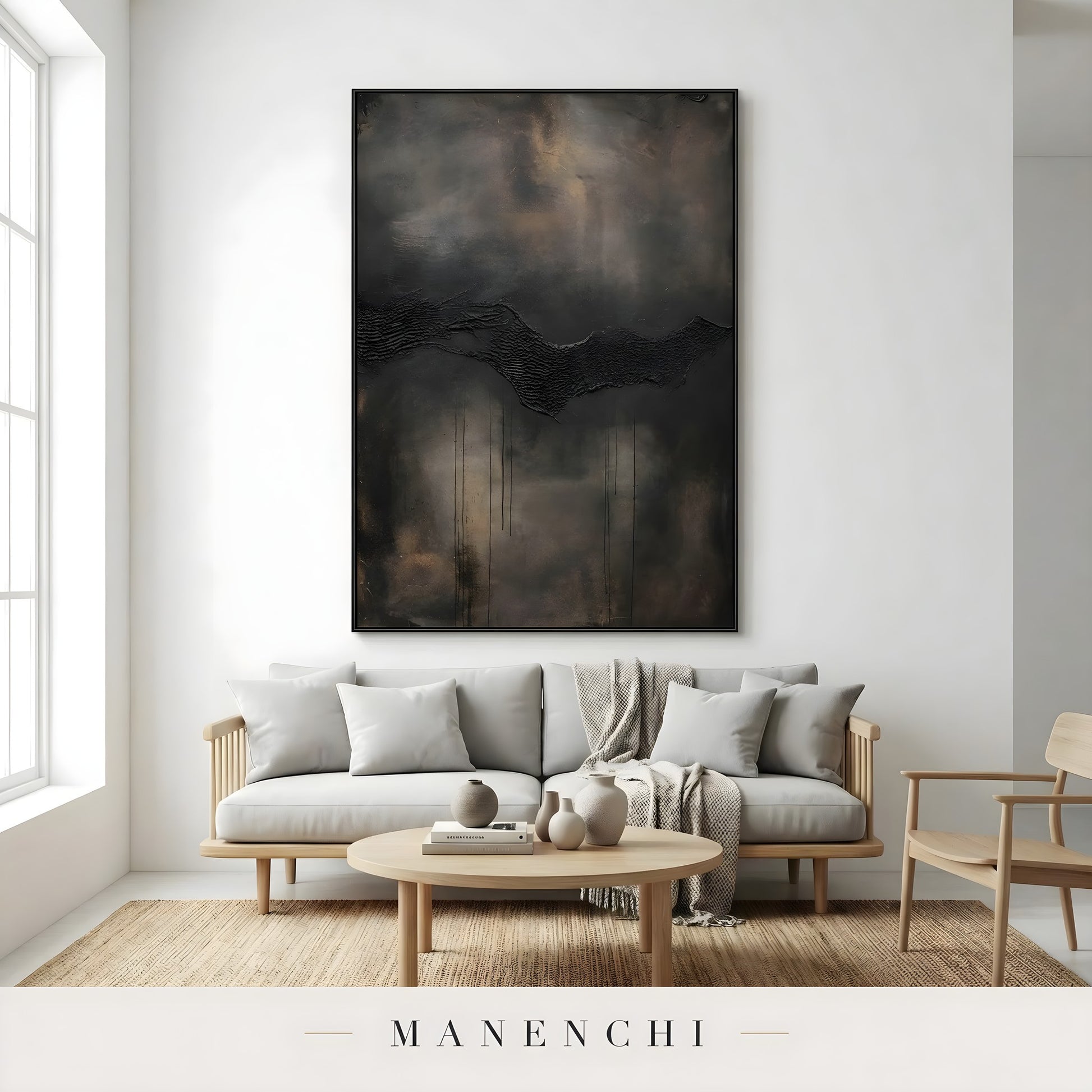 Obsidian Umber Horizon abstract painting displayed in living room sofa display