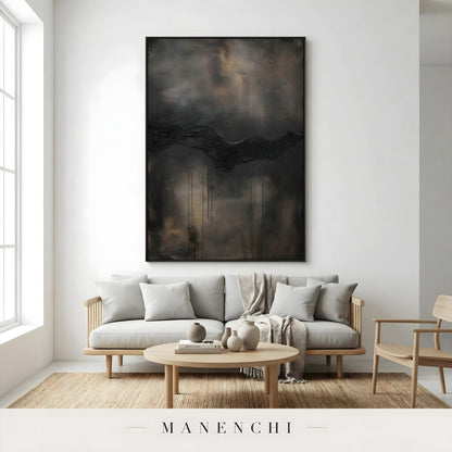 Obsidian Umber Horizon abstract painting displayed in living room sofa display