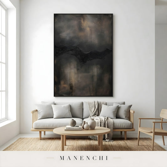 Obsidian Umber Horizon abstract painting displayed in living room sofa display
