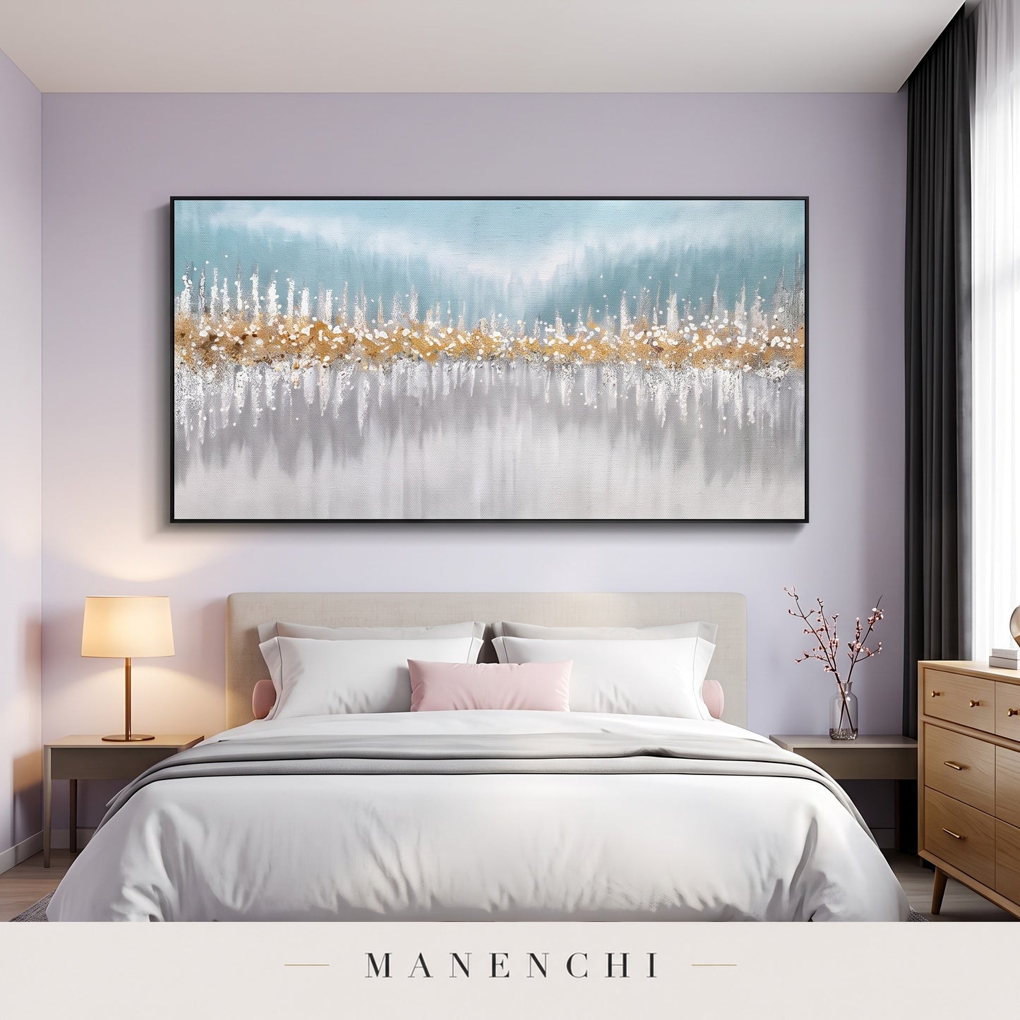 Oceanic Shimmer abstract painting displayed in a modern bedroom