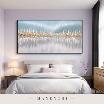 Oceanic Shimmer abstract painting displayed in a modern bedroom