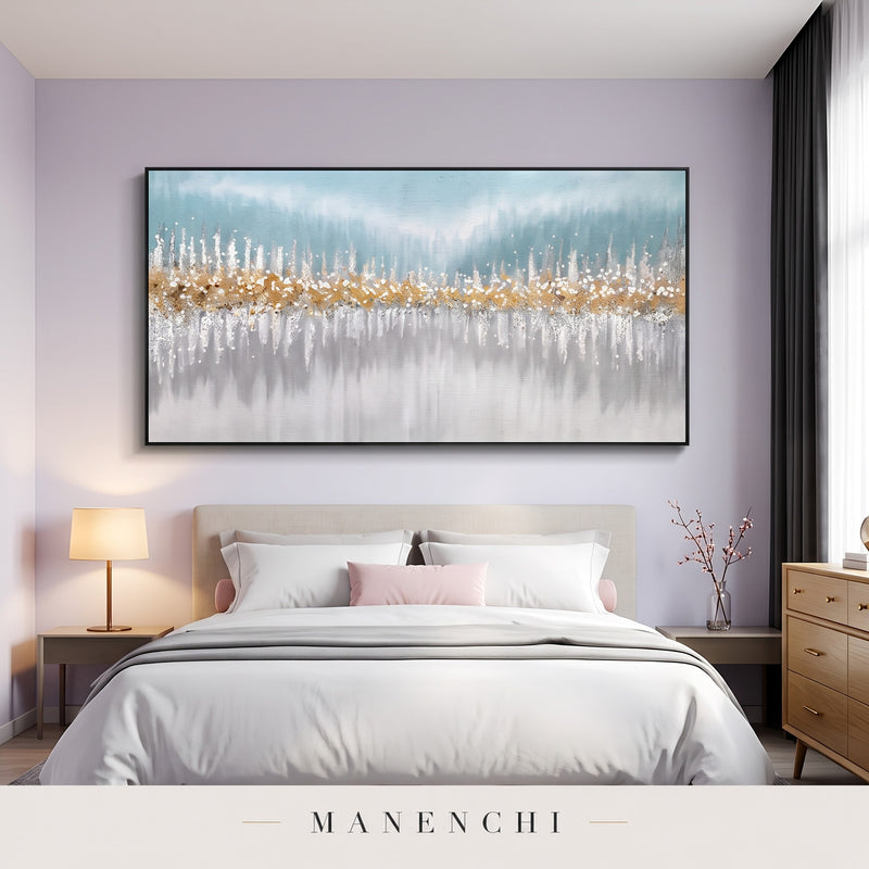 Oceanic Shimmer abstract painting displayed in a modern bedroom
