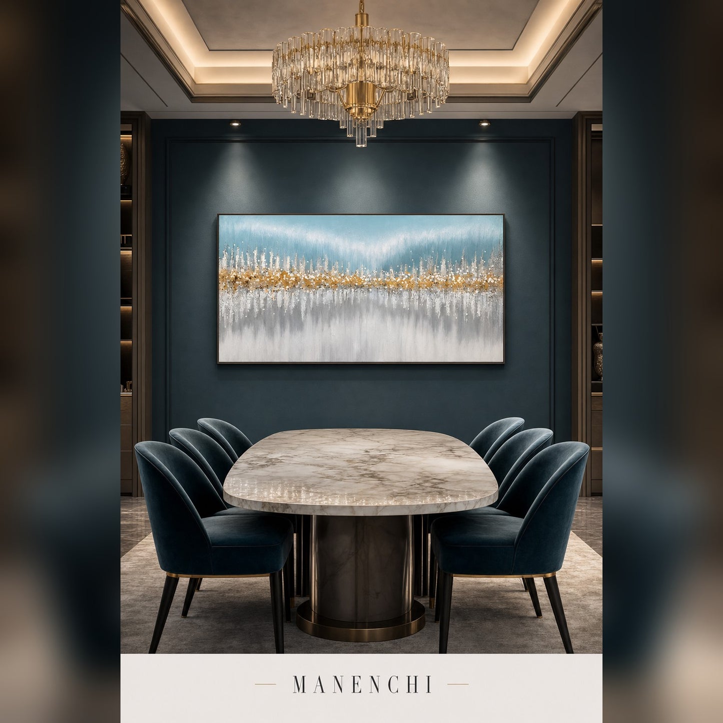 Oceanic Shimmer abstract painting displayed in a dining room