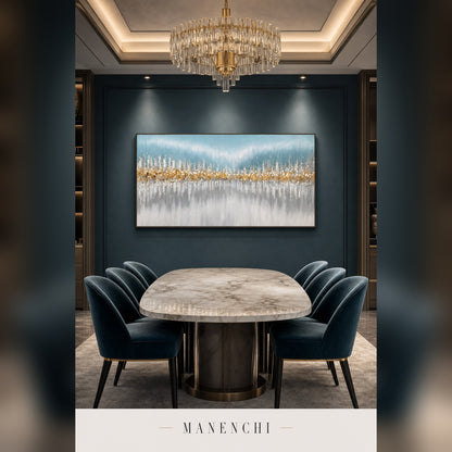 Oceanic Shimmer abstract painting displayed in a dining room