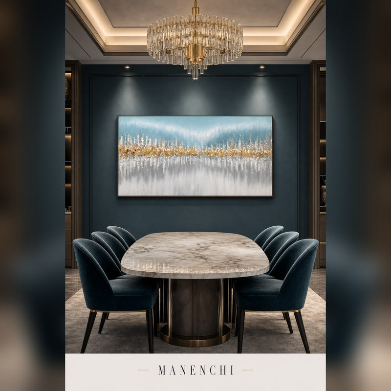 Oceanic Shimmer abstract painting displayed in a dining room