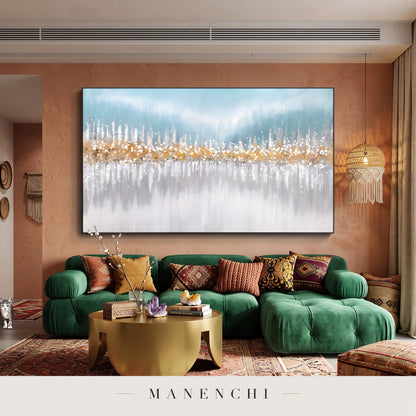 Oceanic Shimmer abstract painting displayed in a gallery setting
