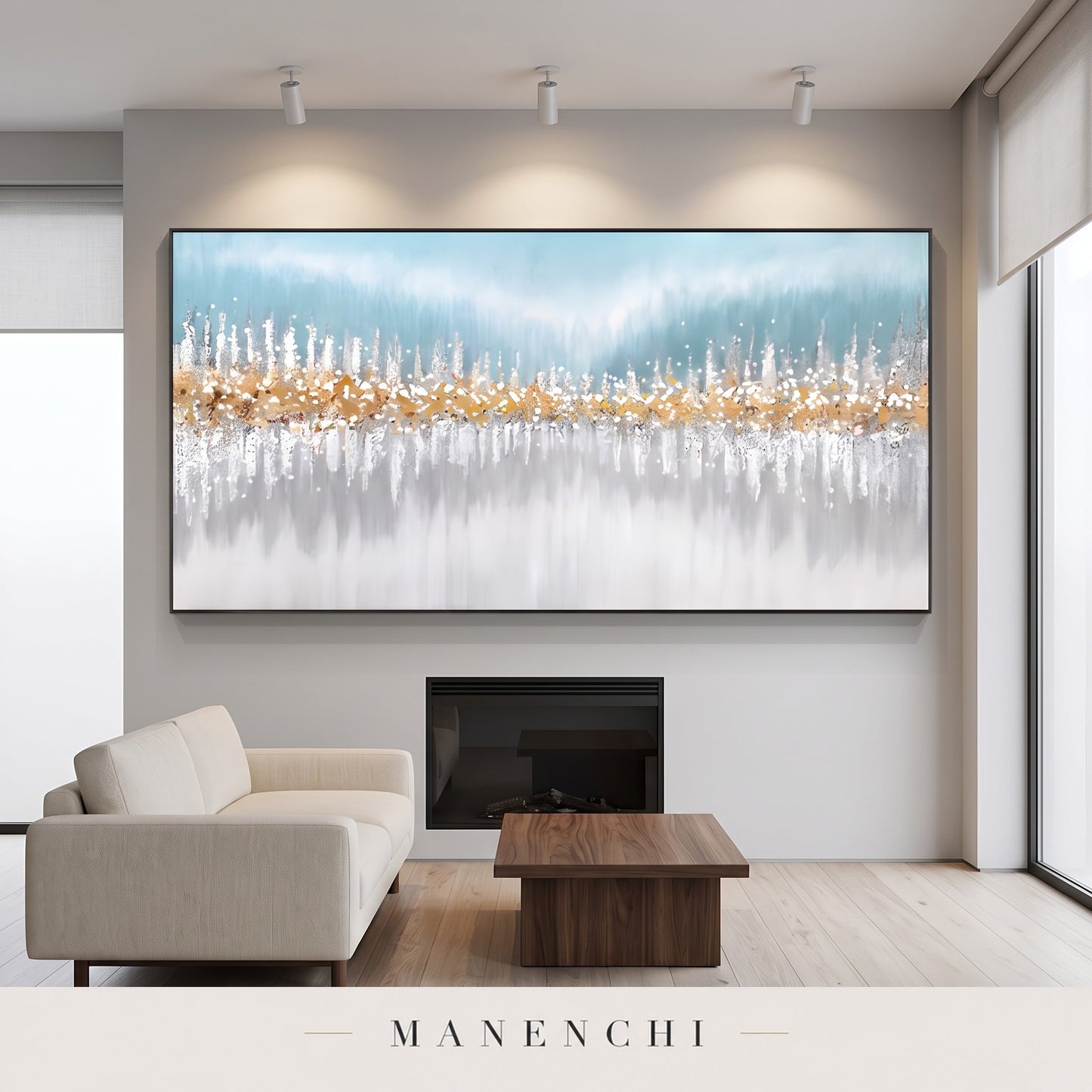 Oceanic Shimmer abstract painting displayed in a modern living room