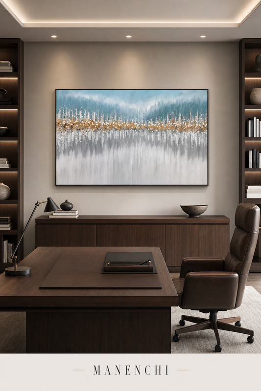 Oceanic Shimmer abstract painting displayed in a study