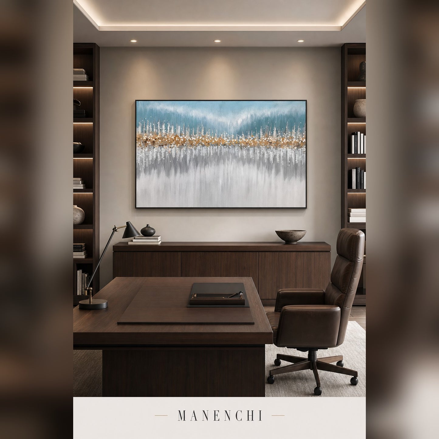 Oceanic Shimmer abstract painting displayed in a study