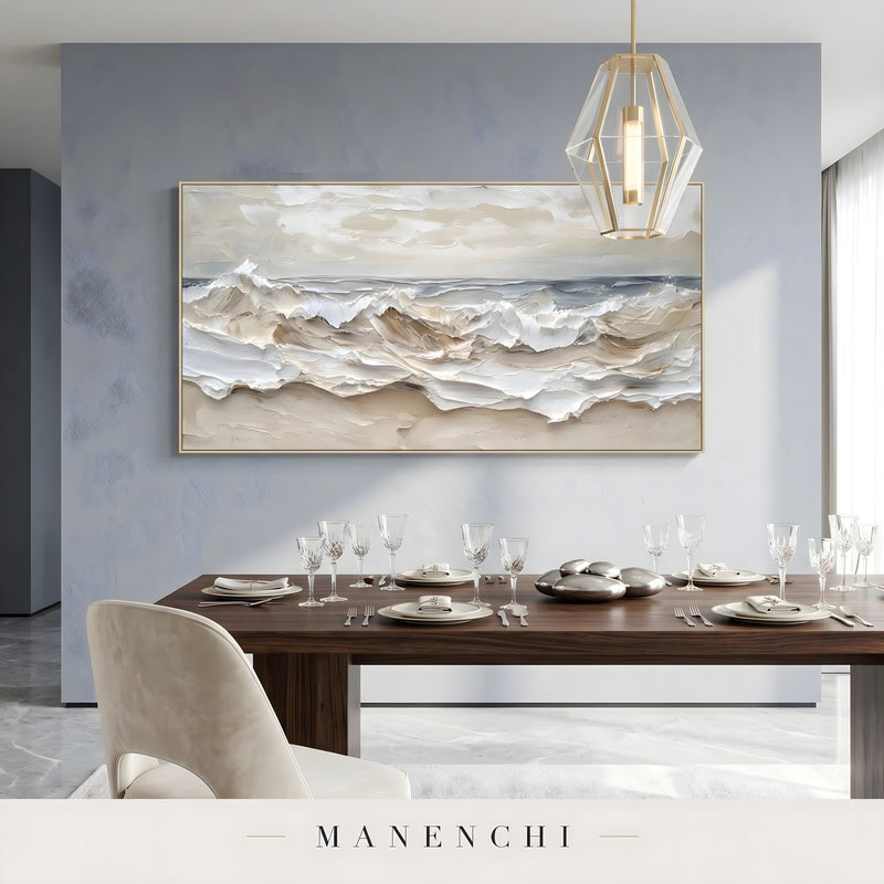 Oceanic Strata abstract painting displayed in dining room setting