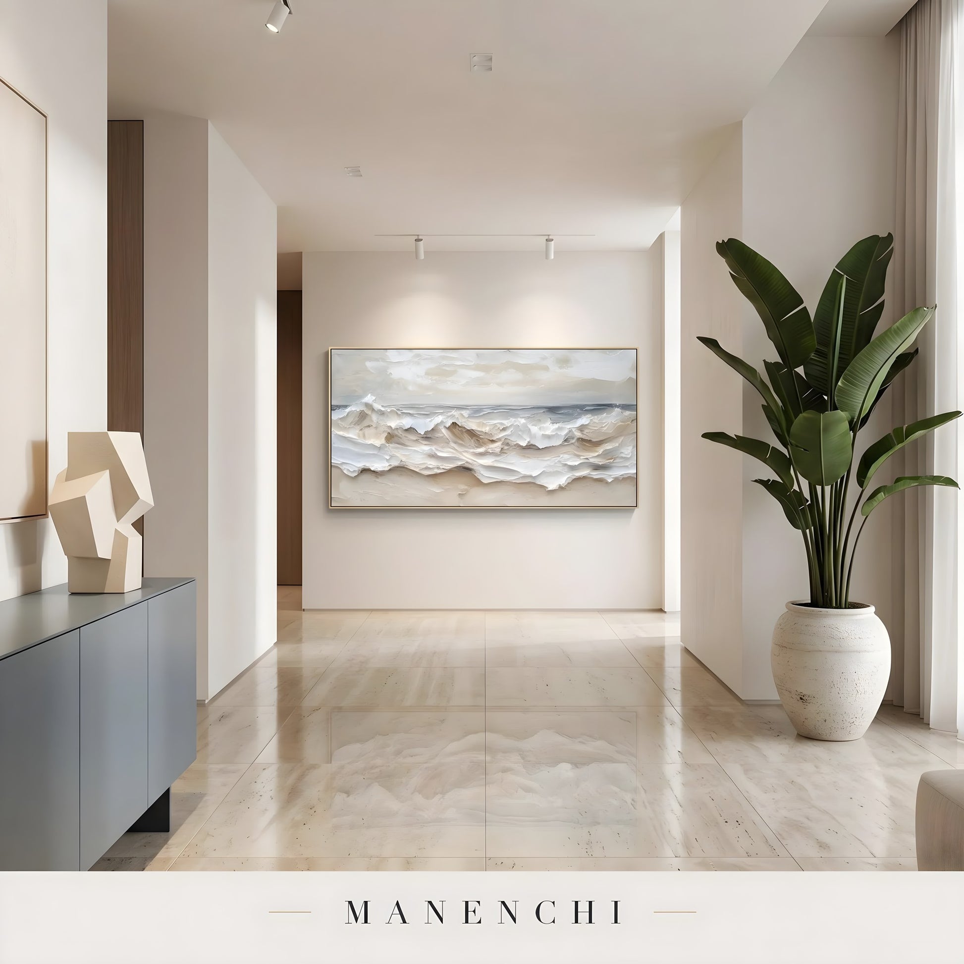 Oceanic Strata abstract painting displayed in modern hallway display