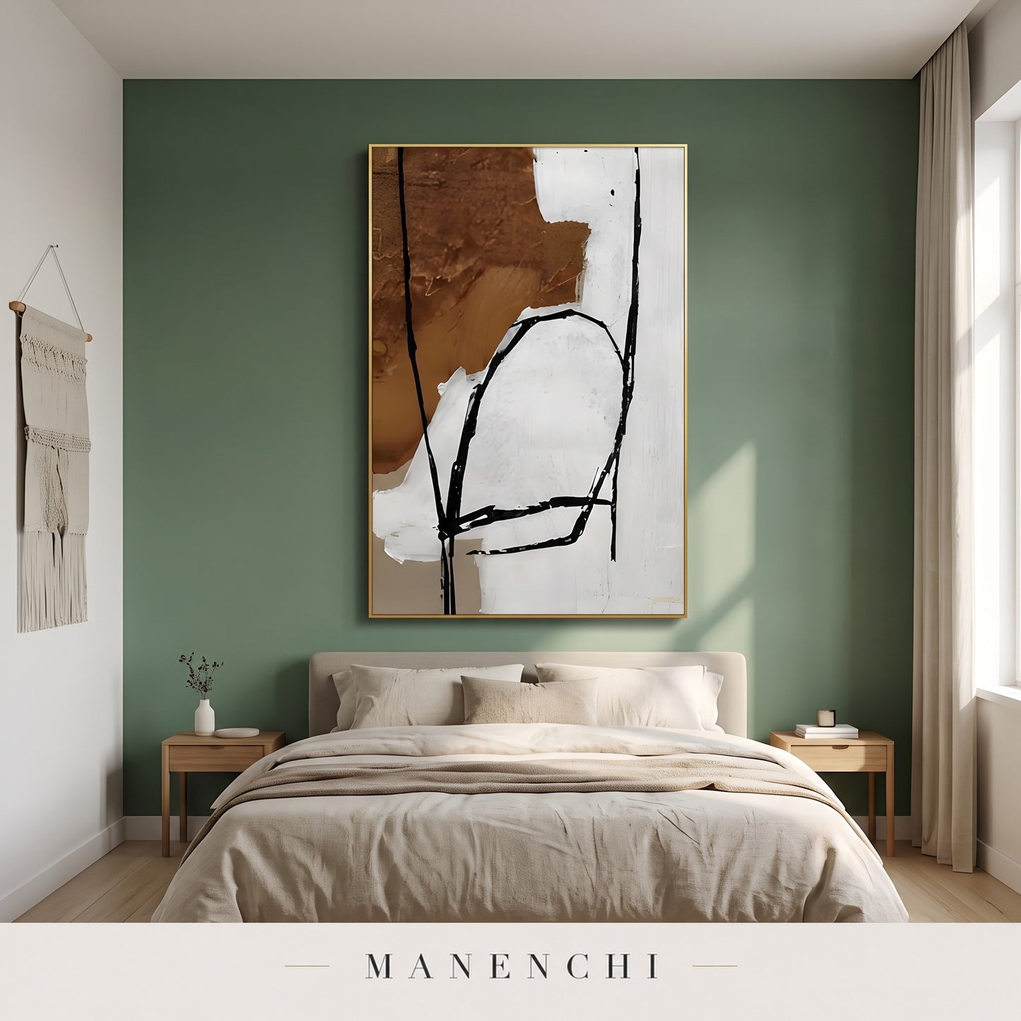 Ochre Resonance abstract painting displayed in a modern bedroom