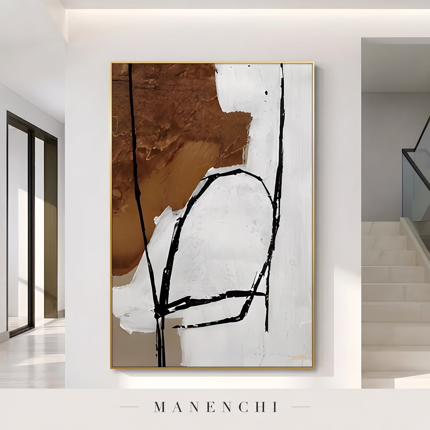 Ochre Resonance abstract painting displayed in a hallway