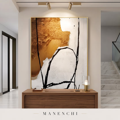 Ochre Resonance abstract painting displayed in a study