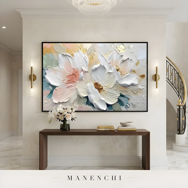Opulent Floral Radiance abstract painting displayed in elegant entryway console table
