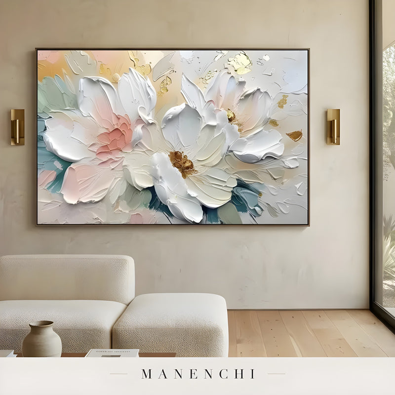 Opulent Floral Radiance abstract painting displayed in living room sofa decor