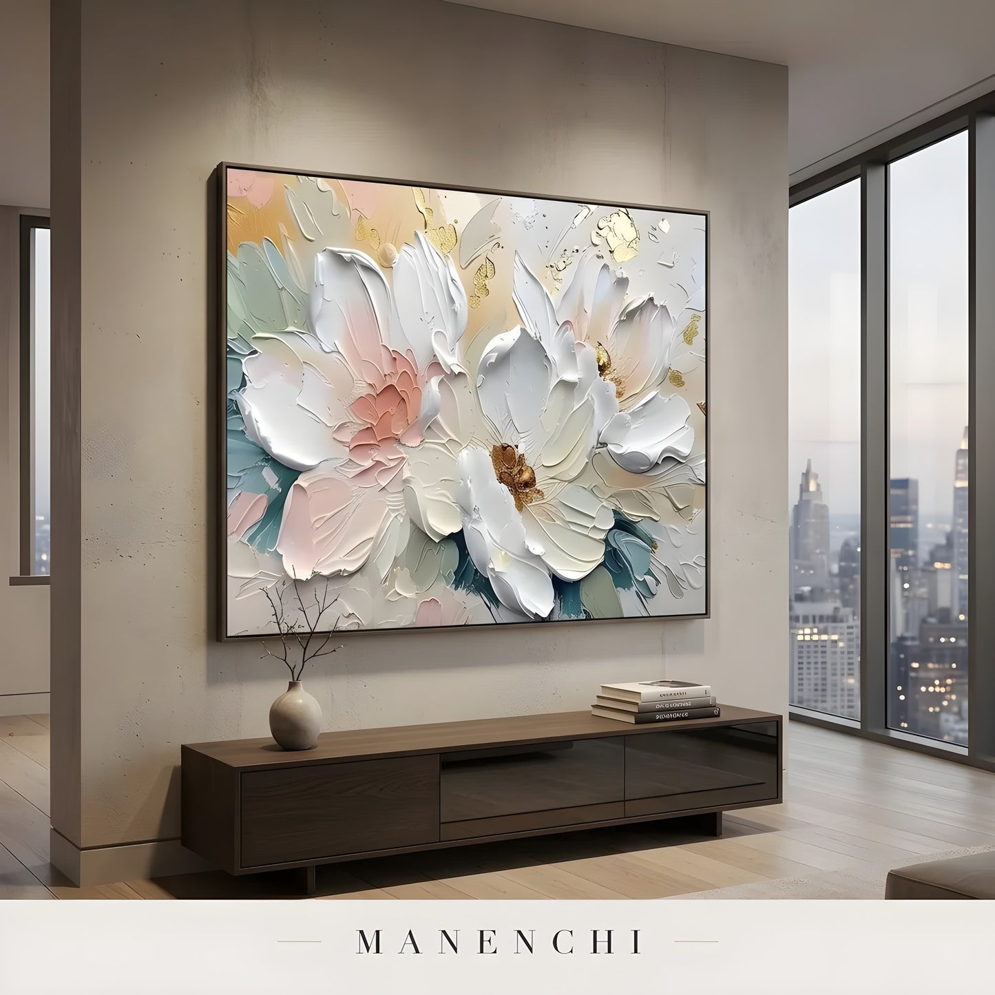 Opulent Floral Radiance abstract painting displayed in modern apartment living room