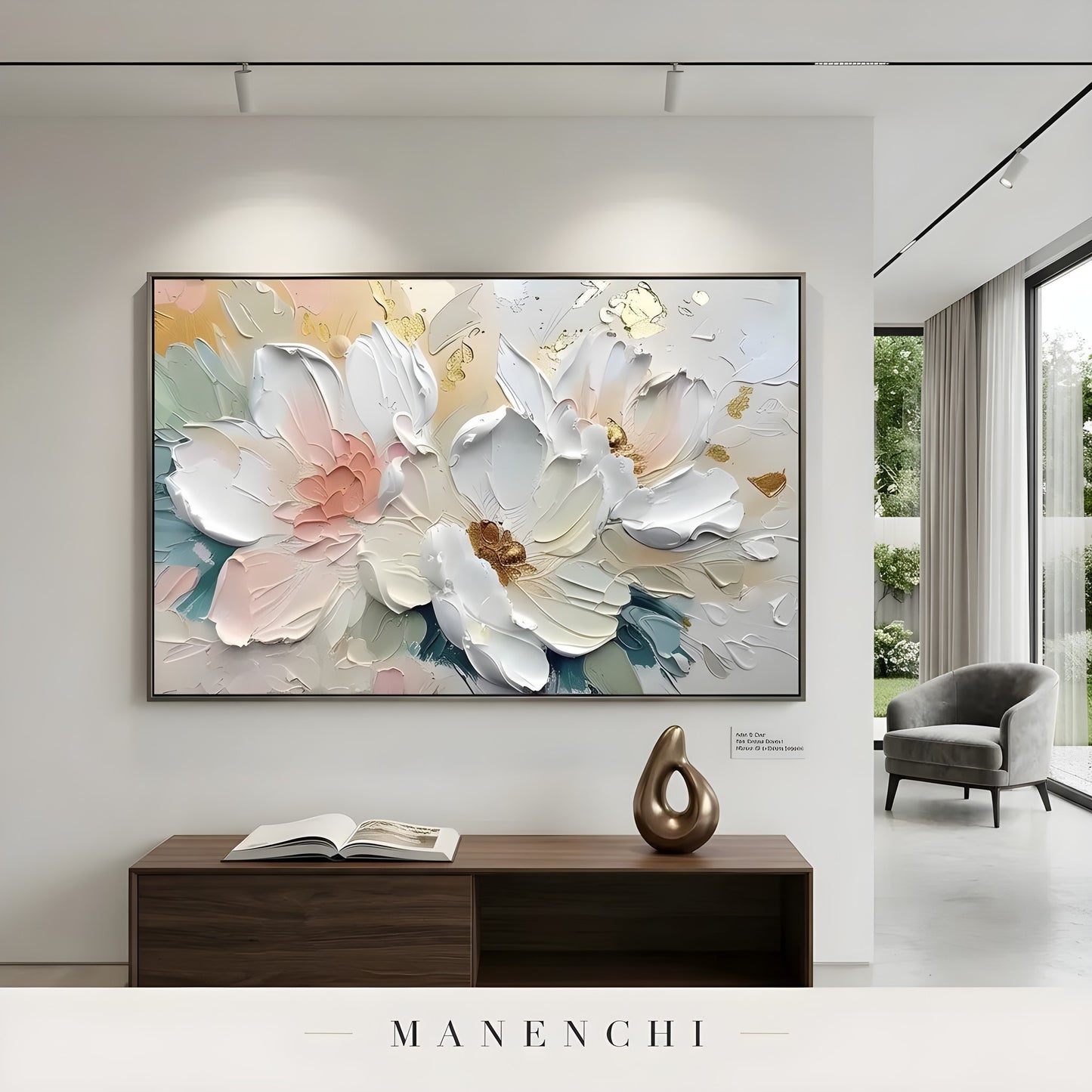 Opulent Floral Radiance abstract painting displayed in modern gallery style room