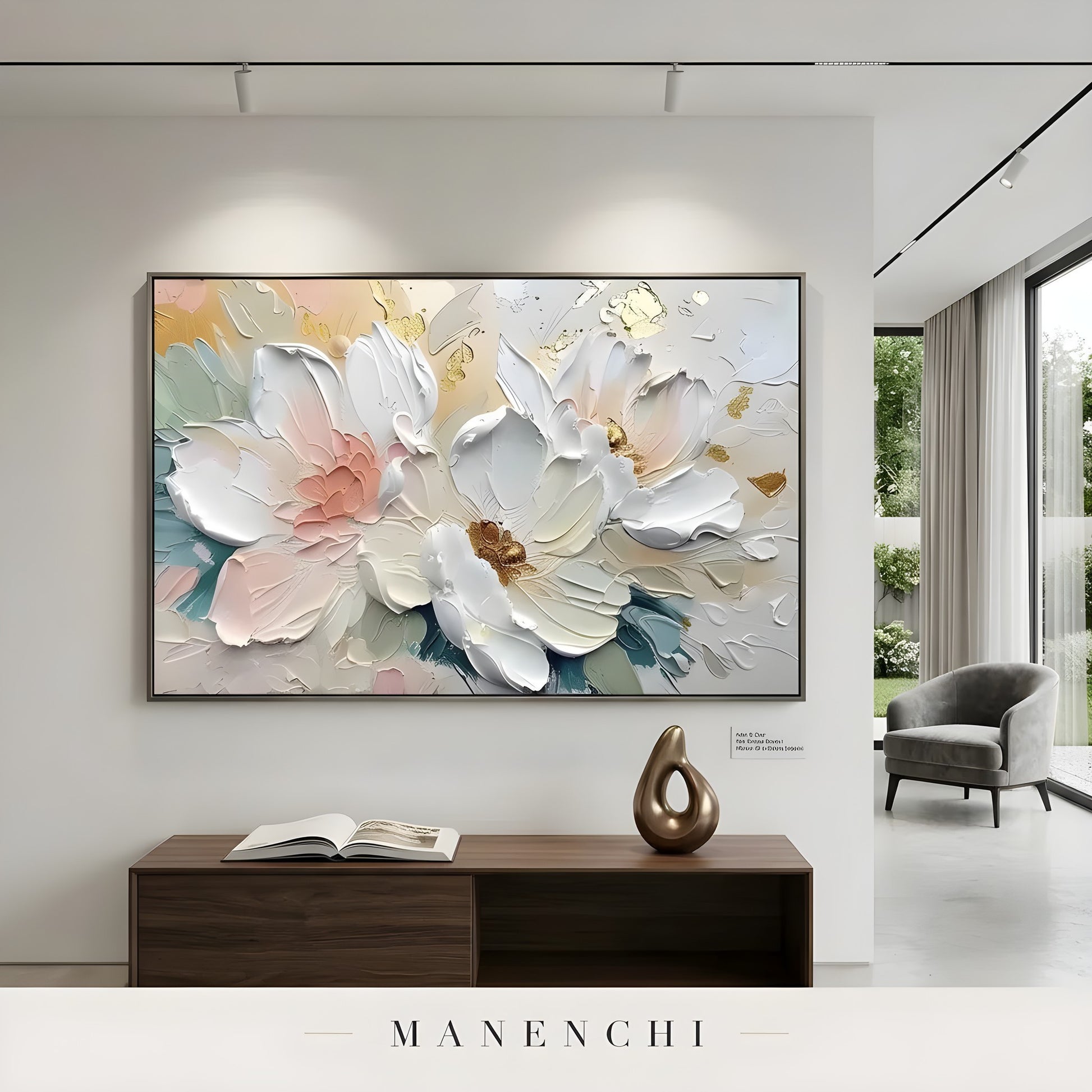 Opulent Floral Radiance abstract painting displayed in modern gallery style room
