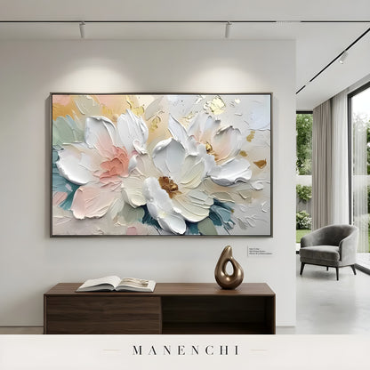 Opulent Floral Radiance abstract painting displayed in modern gallery style room