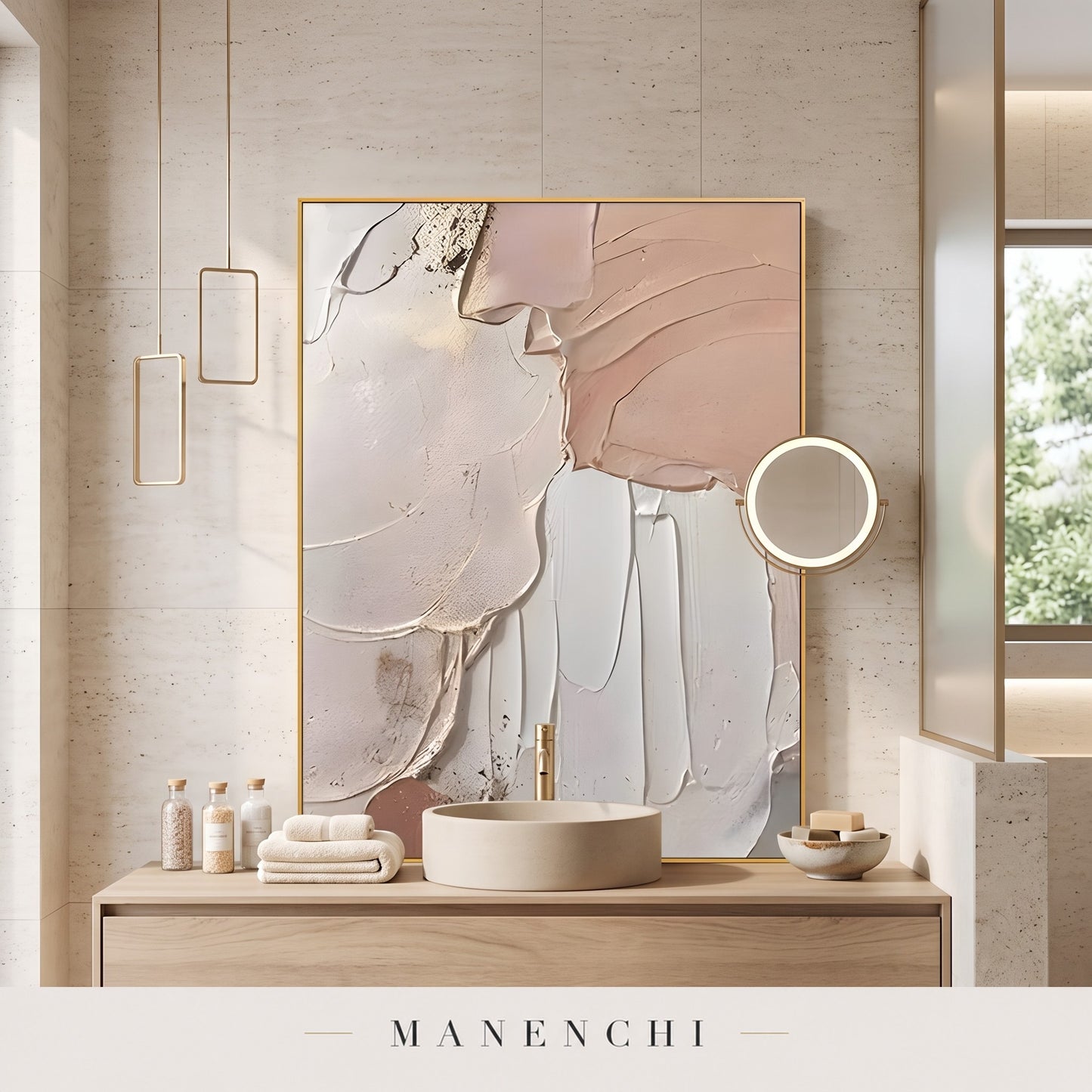 Organic Grace abstract painting displayed in bathroom