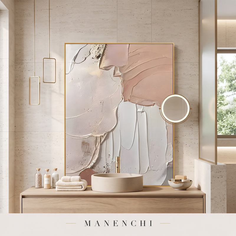 Organic Grace abstract painting displayed in bathroom