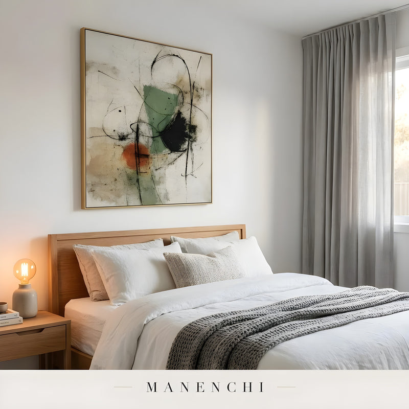 Organic Linear Abstraction abstract painting displayed in cozy modern bedroom art