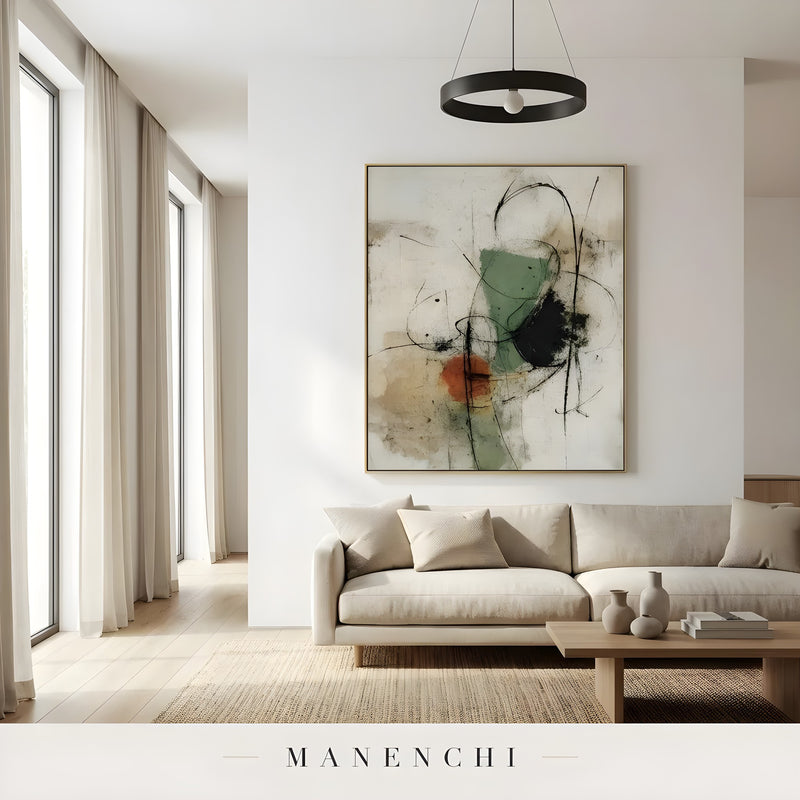 Organic Linear Abstraction abstract painting displayed in minimalist bright living room
