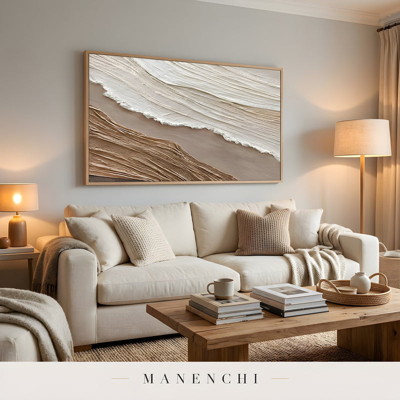 Organic Sand Dunes abstract painting displayed in living room interior design