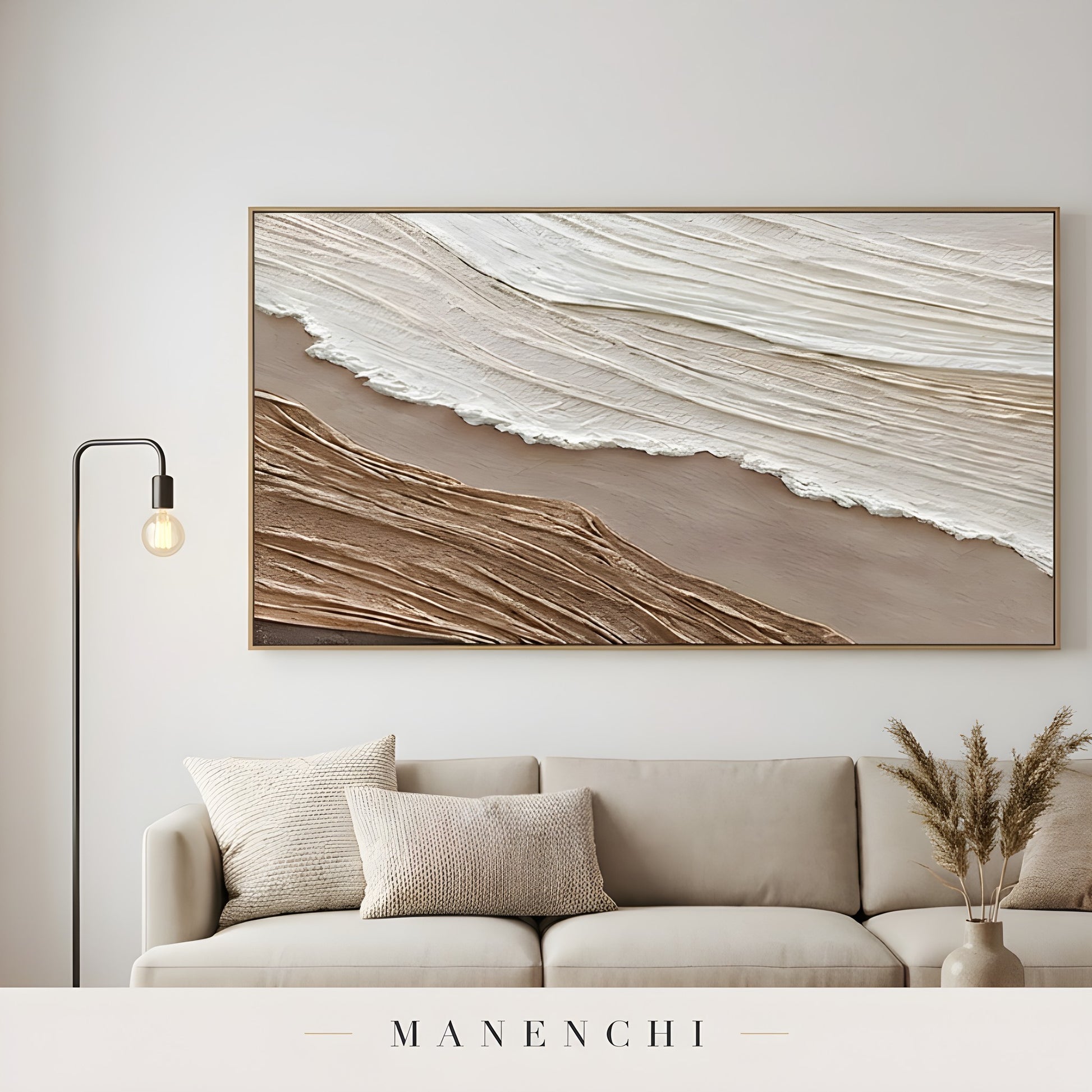 Organic Sand Dunes abstract painting displayed in painting above neutral sofa