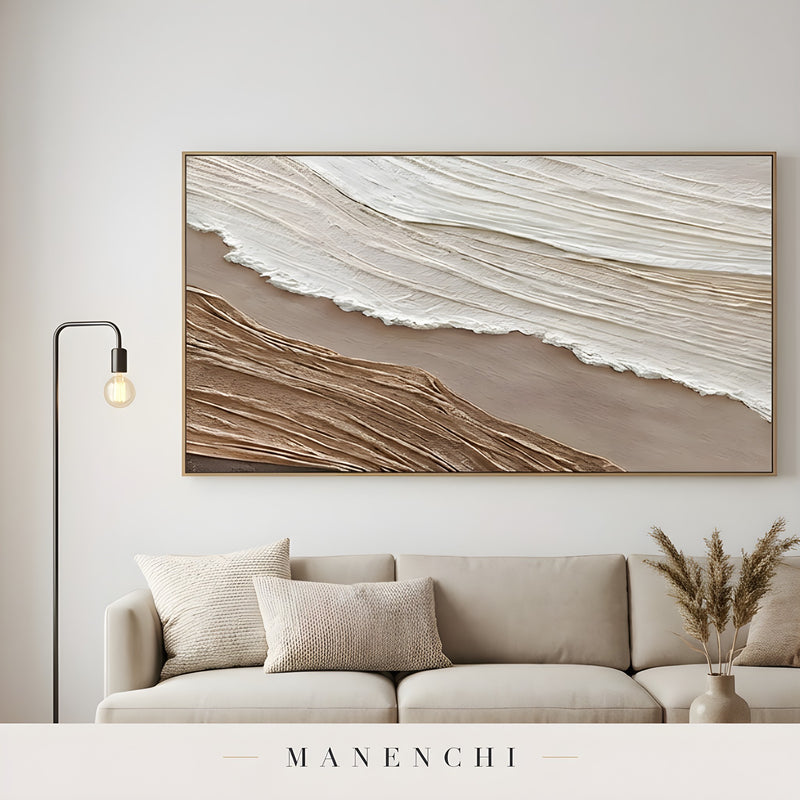 Organic Sand Dunes abstract painting displayed in painting above neutral sofa