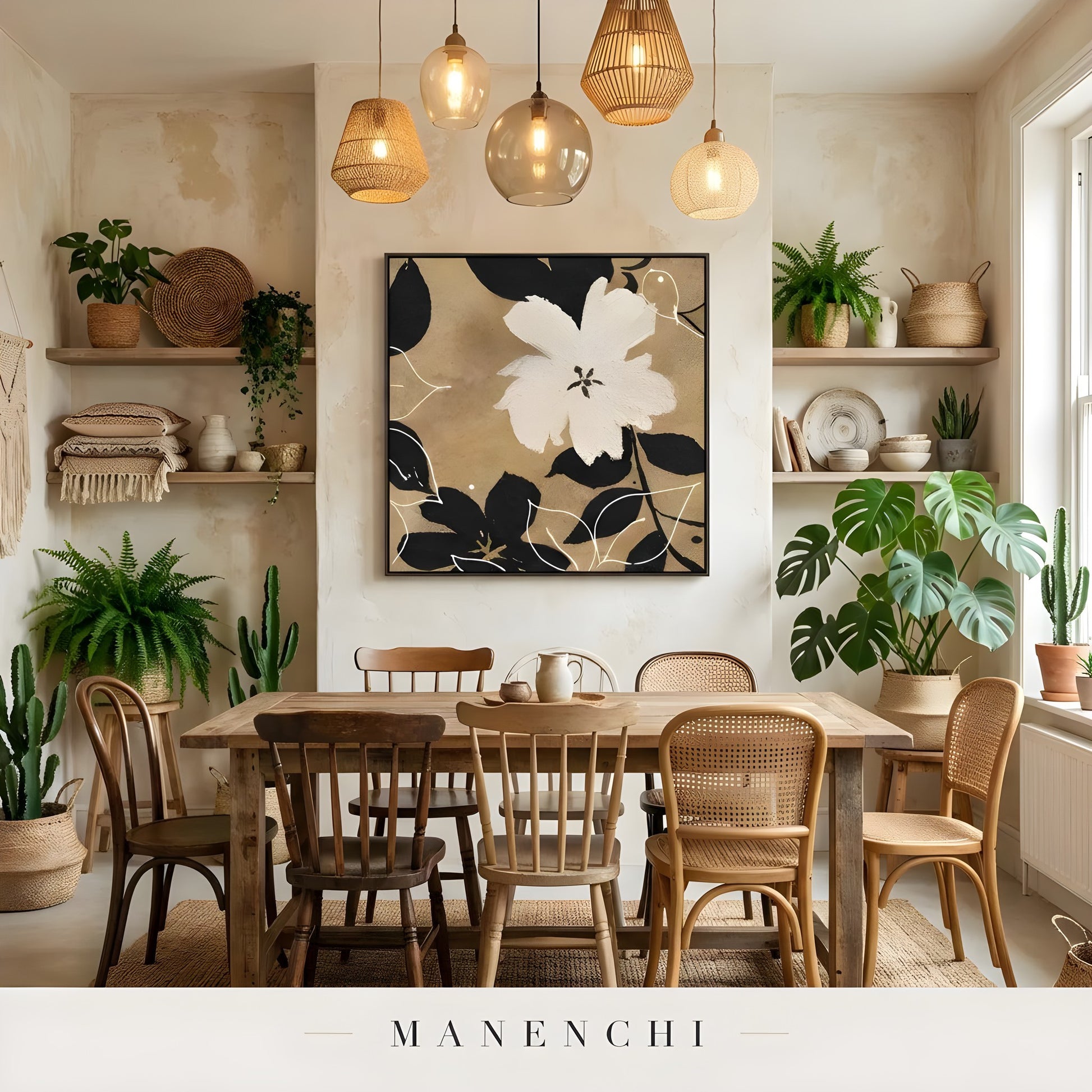 Organic Sepia Flora abstract painting displayed in cozy boho dining room