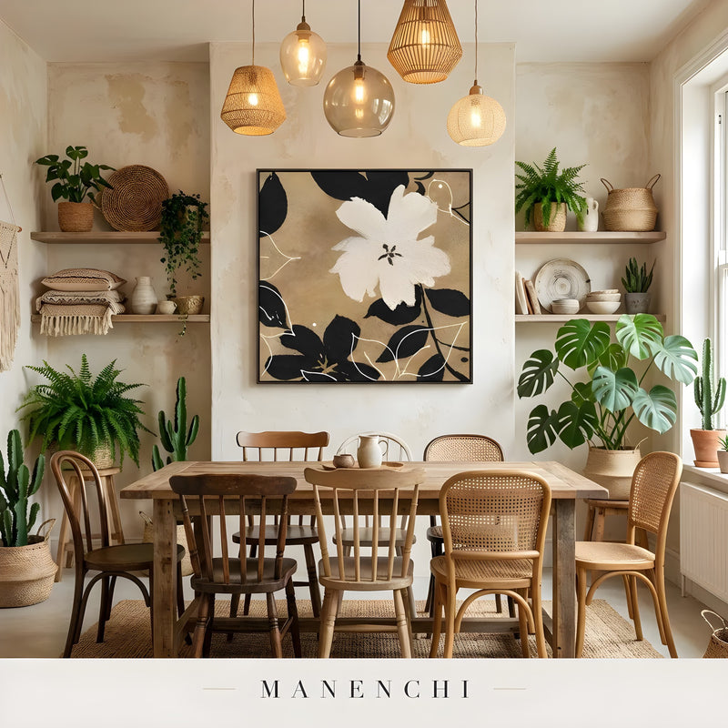 Organic Sepia Flora abstract painting displayed in cozy boho dining room
