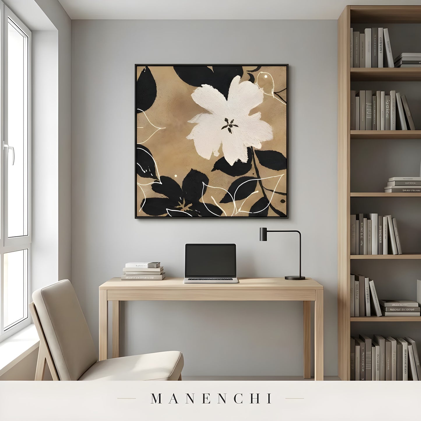 Organic Sepia Flora abstract painting displayed in home office desk setup