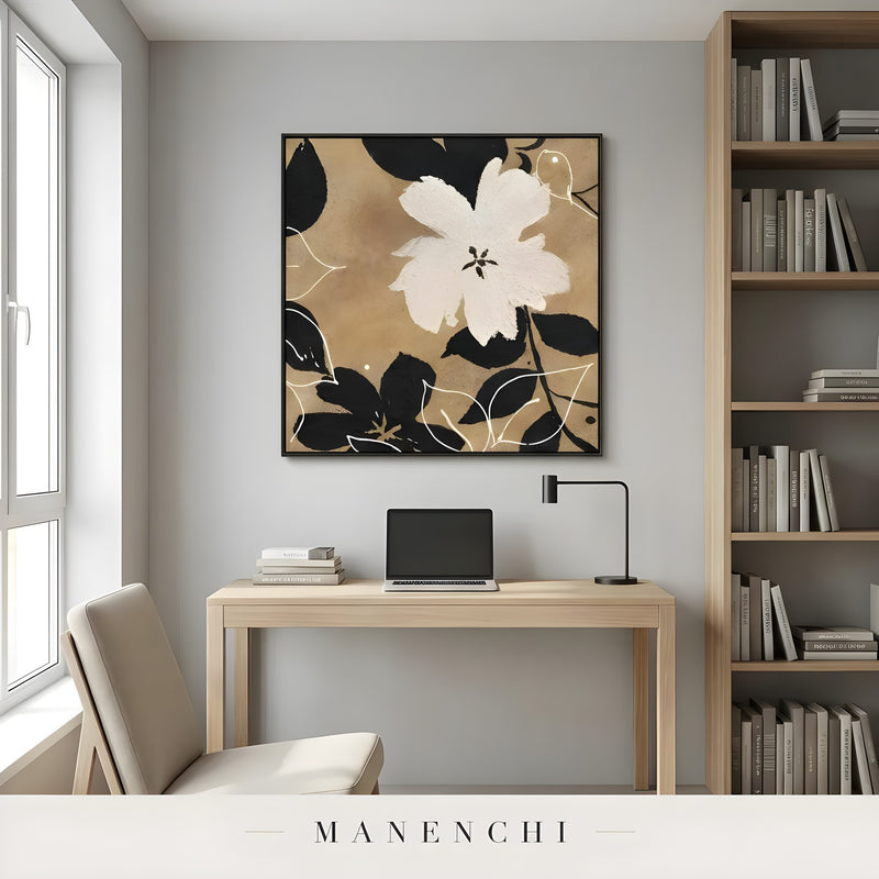 Organic Sepia Flora abstract painting displayed in home office desk setup