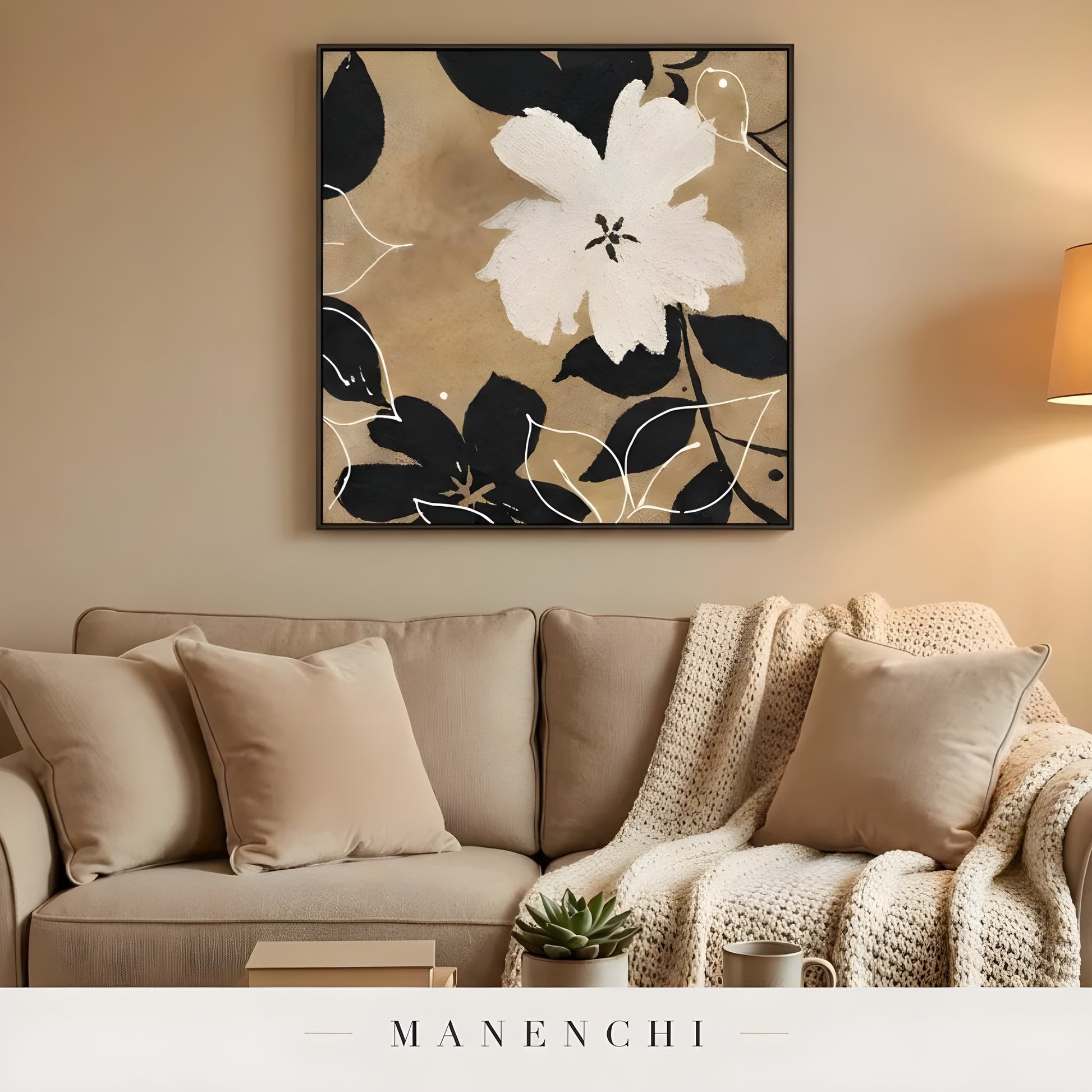 Organic Sepia Flora abstract painting displayed in living room sofa decor
